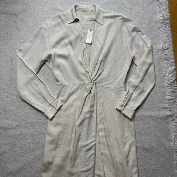 NEW Anthropologie Twist Knot Front Vneck Linen Midi Dress 6 Neutral Minimalist - Picture 3 of 9